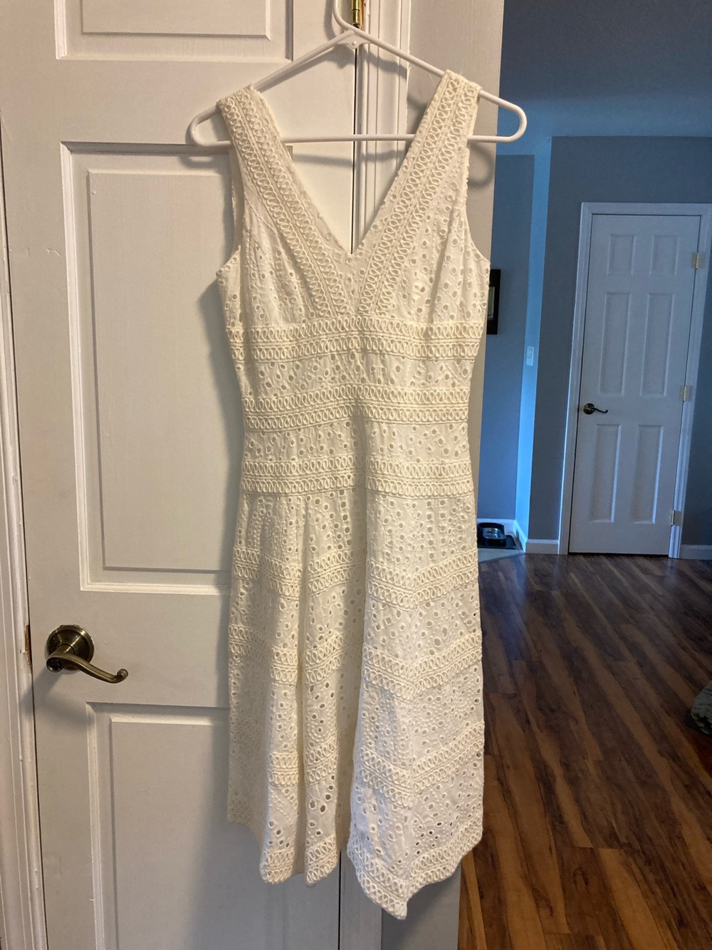 Sleeveless Cream Eyelet V-Neck Midi Dress